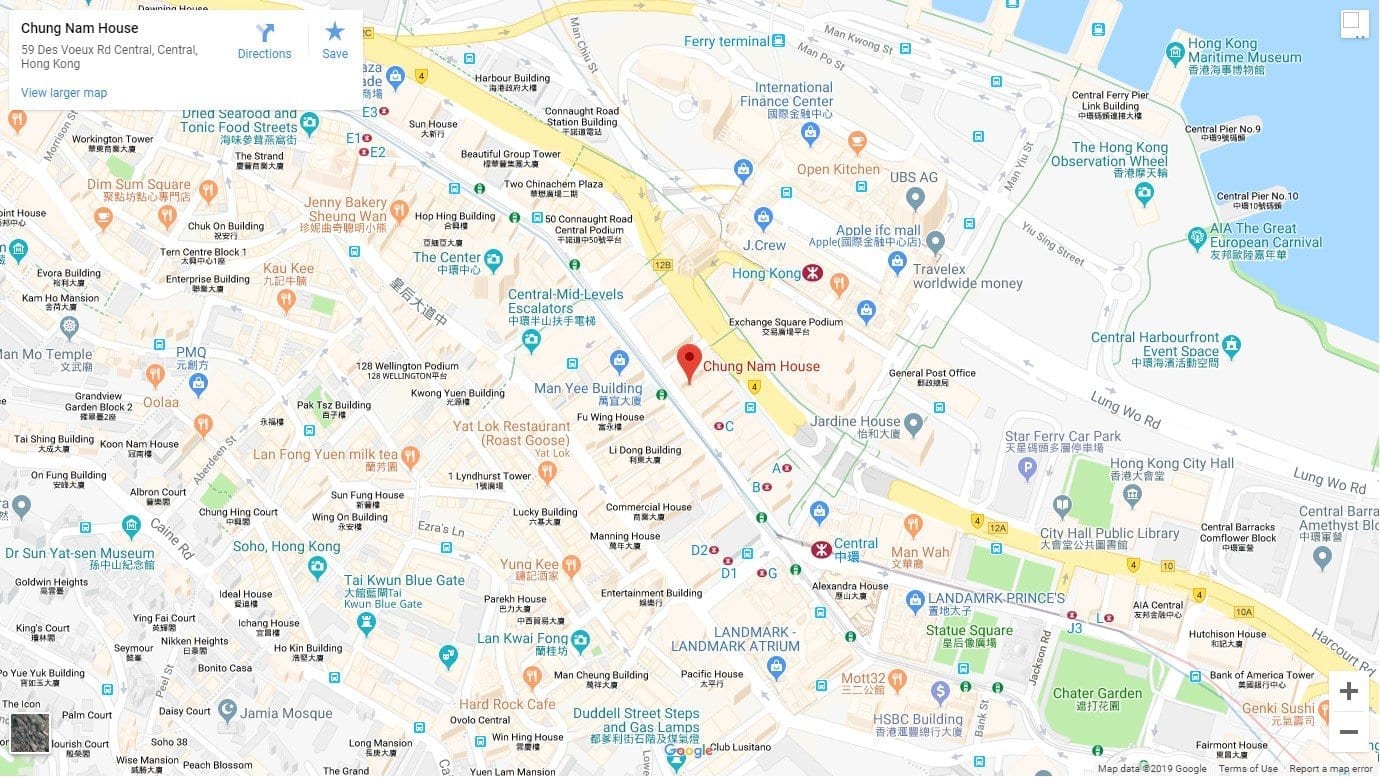 A map showing the location of our company, which is 59 Des Voeux Road Central, Central, Hong Kong